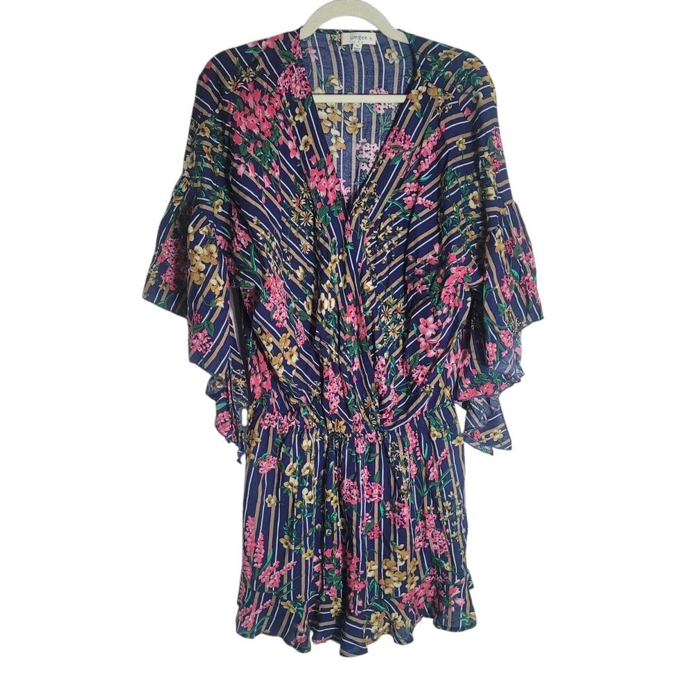 Umgee‎ Romper Dress Women's Size XL Navy Floral Striped Rayon Beachy Resort Boho